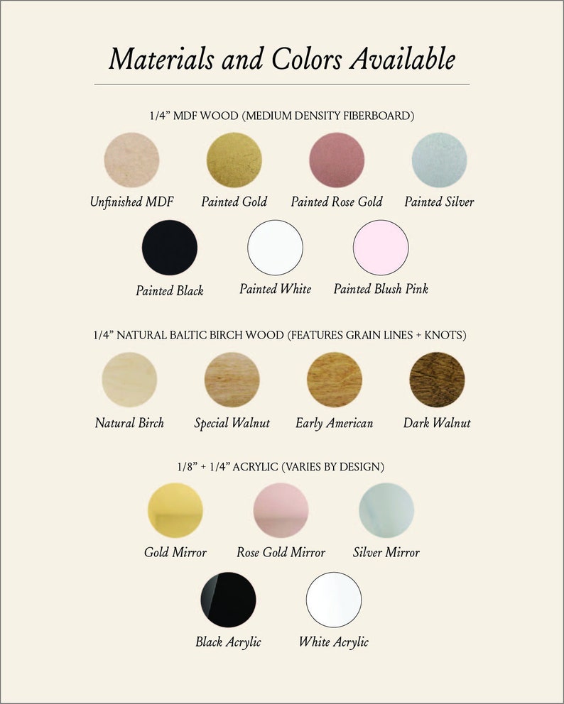 May include: A chart showing different materials and colors available for custom wood and acrylic signs. The options include unfinished MDF, painted gold, painted rose gold, painted silver, painted black, painted white, painted blush pink, natural birch, special walnut, early American, dark walnut, gold mirror, rose gold mirror, silver mirror, black acrylic, and white acrylic.