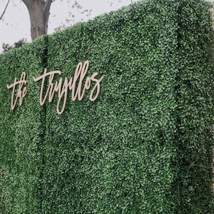 May include: A green artificial hedge backdrop with the text "the tryullos" in gold lettering.