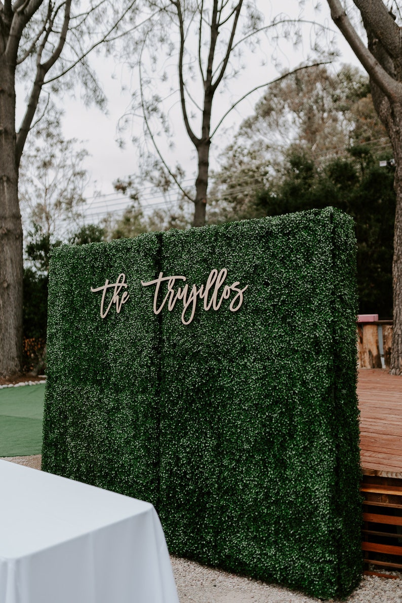 May include: A green artificial hedge backdrop with the text "the tryillos" in brown wooden letters.