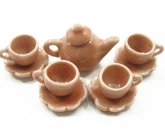 4//9 Xmas Tea Cup Teapot Saucer Scallop Plate Dollhouse Miniature Ceramic #S 3883