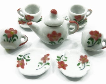4//9 Xmas Tea Cup Teapot Saucer Scallop Plate Dollhouse Miniature Ceramic #S 3883