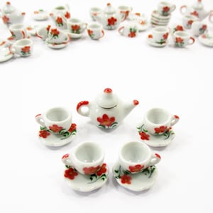 4/9 Flower Cup Teapot Saucer Scallop Plate Dollhouse Miniature Ceramic #S 3879