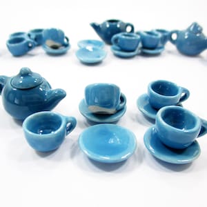4/9 Blue Teapot Tea Cup Saucer Round Plate Doll house Miniature Ceramic #S 4046