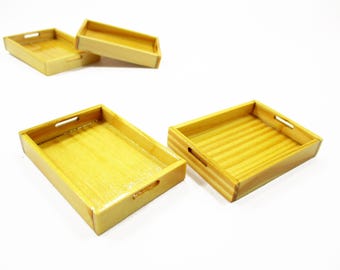Dollhouse Miniatures  Handmade 2 Empty Square Wooden Food Serving Tray Supply  9557