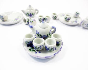 Dollhouse Miniature Ceramic Lilac Flower Paint Tea Cup Set Tea Pot Supply 13245