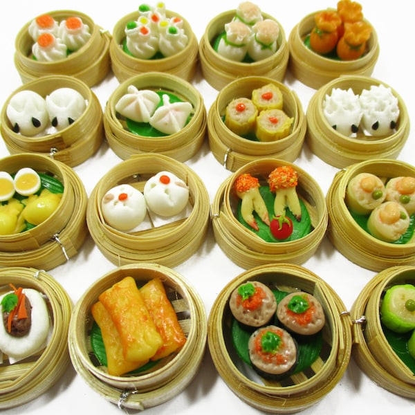 Set of 16 Dim Sum Chinese Cuisine Handmade Dollhouse Miniatures Food Supply Charms 13798