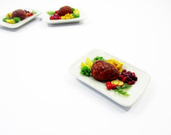 Dollhouse Miniature Steak Ham Dinner, 1:6 Scale Diorama Food