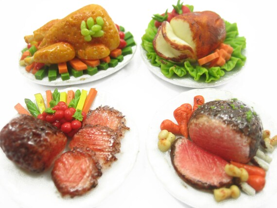 Set of 2 Dollhouse Miniatures Thanksgiving Food Roast Ham on Plate 3.50 cm -4