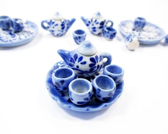 Dollhouse Miniature Ceramic Blue Flower Paint Tea Cup Set Tea Pot Supply 13248