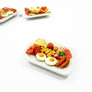 Miniature 1:6 Food Steak Salami Meat Ham Grill Sausage Barbecue Fried Egg Food on Plate Dollhouse Tiny Doll Mini Food Set Collection 14675