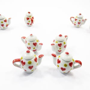 4 Coffee Teapot Red Heart Yellow Spot Paint Dollhouse Miniatures Ceramic 13233