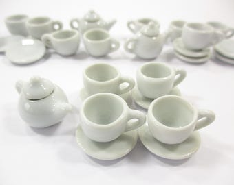 4/9 Tea White Cup Teapot Saucer Round Plate Dollhouse Miniature Ceramic #M 3859