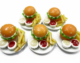 Dollhouse Miniatures Fast Food 5 Sandwiches French Fries Ceramic Plate 15851