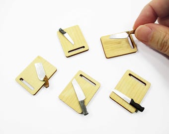 1:12 Miniature Wooden Cutting Board and Knife Set, Dollhouse Kitchen Prep Cooking Accessory