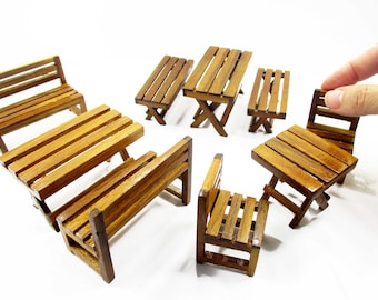 1:12 miniatuur houten tafelset, poppenhuis tuin eetkamer picknick stoelen banken buitenrek