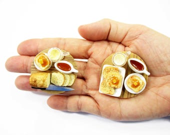 1:12 Dollhouse Breakfast Wooden Platter - Miniature Toast Bread Milk Kitchen Roombox Decoration