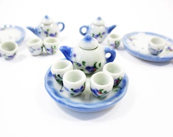Dollhouse Miniature Ceramic Orchid Paint Coffee Tea Cup Tea Pot Set Supply 13242