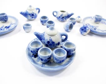 Dollhouse Miniatures Ceramic Blue Flower Orchid Paint Tea Cup Set Tea Pot 13247