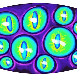 May include: Abstract digital art featuring multiple bright green, blue, and yellow eyes on a dark purple background.