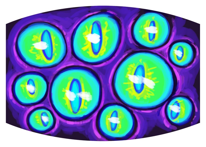 May include: Abstract digital art featuring multiple bright green, blue, and yellow eyes on a dark purple background.