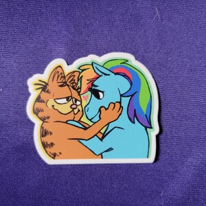 May include: A die-cut sticker featuring a cartoon orange tabby cat with black stripes embracing a light blue pony with a multicolored rainbow mane. The cat has a smug expression, and the pony has long eyelashes and a small pink heart between them.