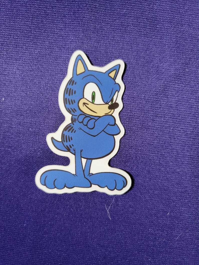 May include: A die-cut sticker featuring a blue cartoon character with a round body, large feet, and a tail, wearing a blue hood with pointed ears that resembles the head of a hedgehog. The character has a tan face, green eyes, and crossed arms.