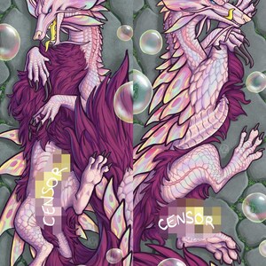 May include: Digital illustration of two fantasy dragons with pink and purple scales, wings, and fur. The dragons are lying down on a stone surface with bubbles floating around them. The word "CENSOR" is partially visible on the dragons.
