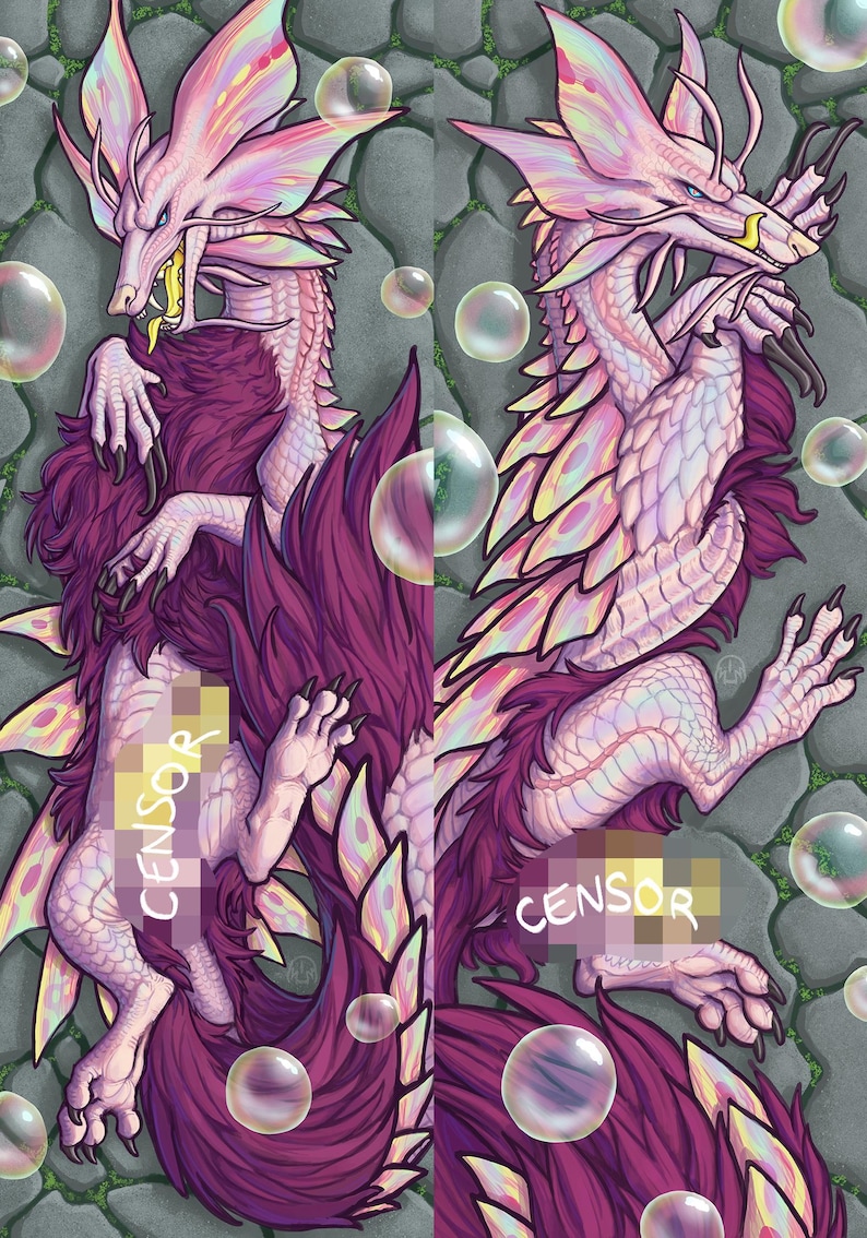 May include: Digital illustration of two fantasy dragons with pink and purple scales, wings, and fur. The dragons are lying down on a stone surface with bubbles floating around them. The word "CENSOR" is partially visible on the dragons.