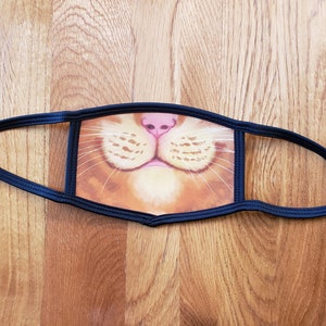 May include: A black fabric face mask with a printed image of a cat's nose and whiskers. The cat's fur is orange and white.