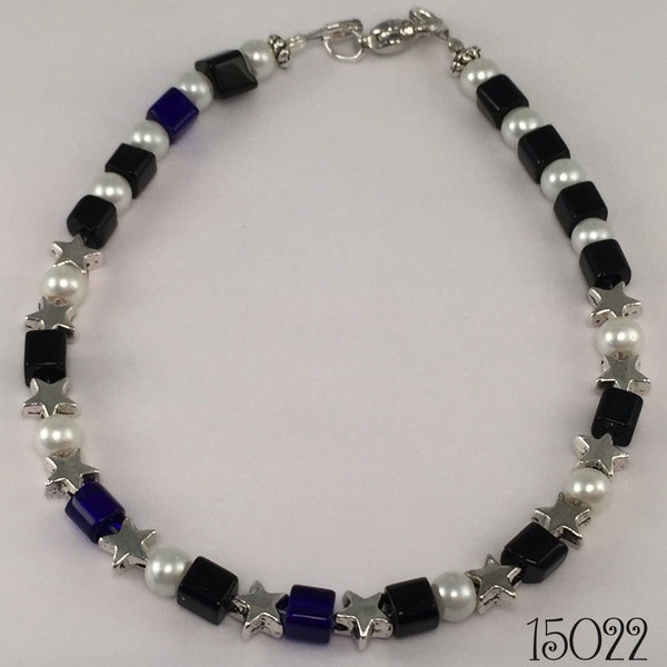 Dramatic deep blue glass cubes, silver stars, and white pearl larger sized beaded stacking friendship bracelet