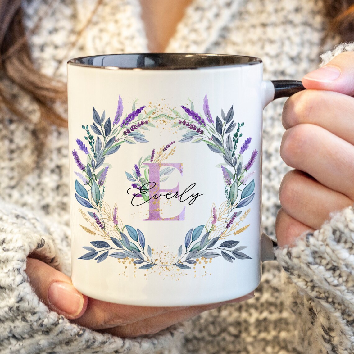 Lavender Initial with Name and Floral Scene Coffee Mug This Etsy