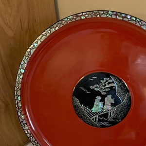 Vintage Asian Tray, Red Painted Lacquer Plate with MOP Inlay, Japanese Bar Decor