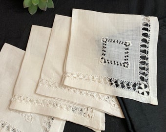 Vintage Linen Napkins, Pulled Thread White Linen Napkins, 11 inch square Cloth Napkin Set of 4, Eco Friendly Napkins