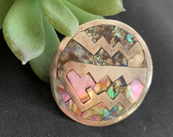 Vintage Silver Taxco Brooch, Inlaid Abalone Geometric Pin, Mexican Sterling Silver with Inlaid Shell, Pendant or Brooch, Boho Jewelry