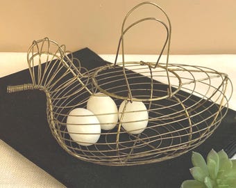 Vintage Wire Egg Basket, Chicken Shaped Metal Storage Container Homeware