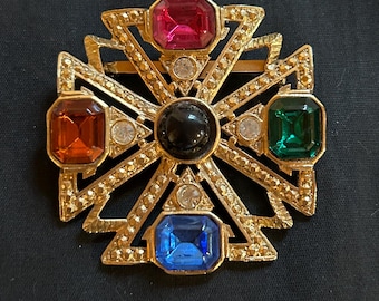 Vintage Maltese Cross Pin, 1980s Glam Knights of Malta Brooch, Gold Tone And Jeweled Pin, Costume Jewelry, Gift for Mother, Bling Gag Gift