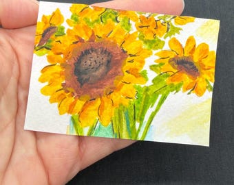 ACEO Watercolor Card, Sunflower Painting, Artist Trading Card, Collectible or Frameable, Tiny Original Art