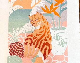 Vintage Colorful Tropical Tabby Print, signed by Artist: Wise 1989, Cat Art Screen Print with Fruit, Flowers, Palm Trees, Beach House Gift