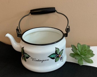 Vintage Enamel Tea Kettle, White Metal Teapot, Cottagecore Upcycle Kitchen Planter, Tearoom Found Object Vase, Garden Art, Teapot w/o Lid