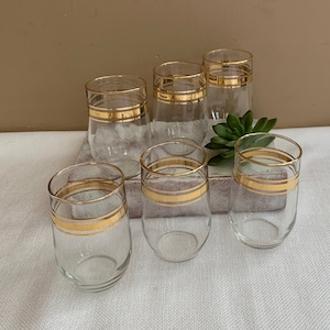 Vintage Cocktail Glass Set w Gold Band, Juice Set of 6, 6 ounce MCM Glass, Gold Rim Bar Ware, Kitchen Supply
