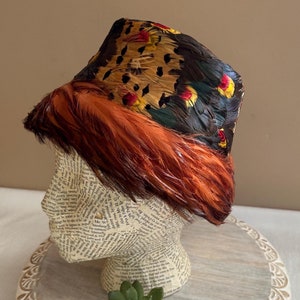 Vintage Feather Hat, MCM Womens Fashion Pheasant Hat and Box, Theater Supply, MId Century Costume, Gift for Fashionista Mother