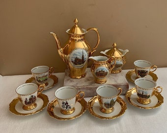 Bavarian Ceramic Coffee or Tea Set for 6, Vintage Wien Vienna Porcelain Demitasse with Six Cups and Saucers, Gold with Pictures