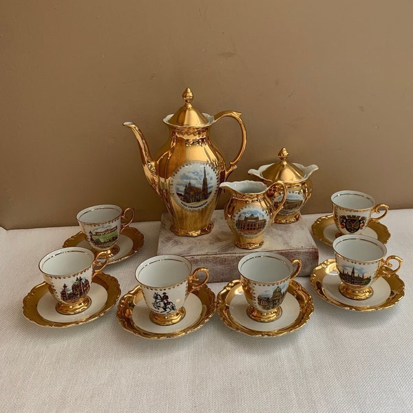 Bavarian Ceramic Coffee or Tea Set for 6, Vintage Wien Vienna Porcelain Demitasse with Six Cups and Saucers, Gold with Pictures