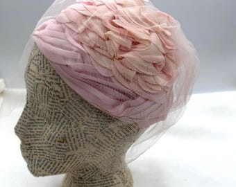 Vintage MCM Pink Floral Hat, Petals and Net Fashion Hat, Garden Party or Wedding Church Lady Hat, Birdcage Net Half Hat, Gift for Her