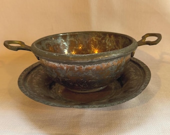 Vintage Copper Bowl Set of 2, Hammered Bowl with Brass Handles