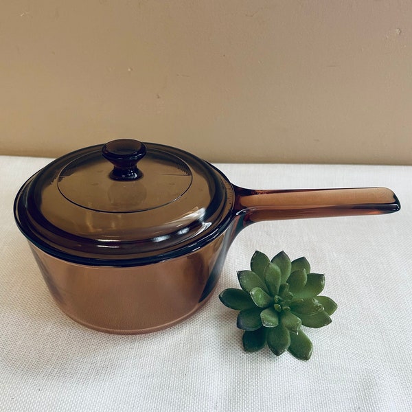 Vintage Visions Corning Cookware, Brown Glass 1.5 Stovetop Saucepan, Retro Kitchen, Gift for Cook, See Through Pyrex Cooking
