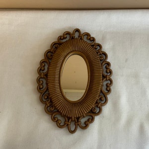 Vintage Oval Mirror, Brown Faux Wicker Decor, 6 1/2 x 9 Oval Gallery Wall Mirror, 1978 Dart Decorative Accent mirror, Gift Item
