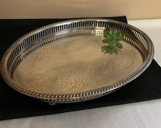 Vintage Silver Tray, Buffet Server, Footed Articulated Filigree Oval