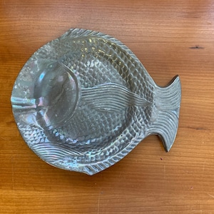 Vintage Metal Fish Plate, Embossed Seafood Dish, Appetizer Serving Plate, Fish Scale Novelty Beach Decor, Fishing Theme Lake House Decor
