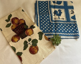 Vintage Farmhouse Polka Dot Tea Towel, Blue and White Linen Prints, Rooster Weather Vane, Fruit Basket Dish Towel with Apples, Cooks Gift